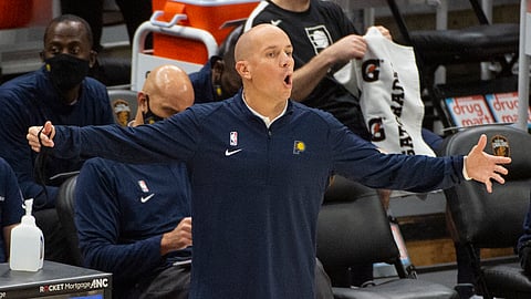 Indiana Pacers Head Coach Nate Bjorkgren calls to his team during the second half of an NBA preseason basketball game Monday, Dec. 14, 2020, in Cleveland.