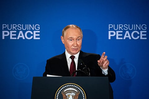 Vladimir Putin, Russia's president, speaks during a joint news conference with US President Donald Trump, not pictured, at Joint Base Elmendorf-Richardson in Anchorage, Alaska, US, on Friday, Aug. 15, 2025.