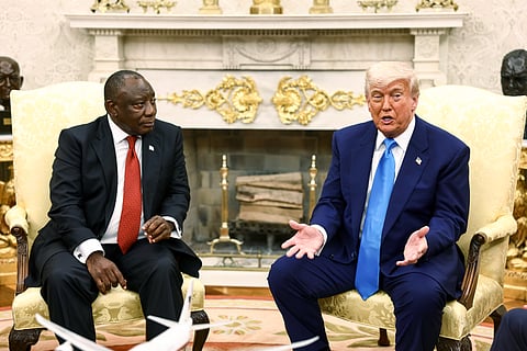 US President Donald Trump, right, and Cyril Ramaphosa, South Africa's president, during a meeting in the Oval Office of the White House in Washington, DC, US, on Wednesday, May 21, 2025.