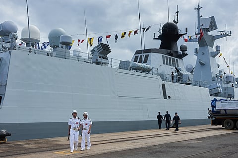 Navy personnel alongside a Chinese frigate in Richard’s Bay, South Africa in 2023.