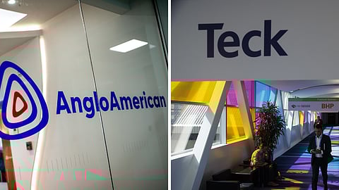 Left: Signage at the Anglo American Plc headquarters in Santiago, Chile, on Tuesday, April 8, 2025. Right: A sign for Teck Resources Ltd. at the Prospectors & Developers Association of Canada (PDAC) conference in Toronto, Ontario, Canada, on Tuesday, June 14, 2022.