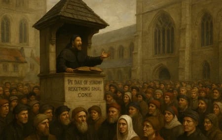 Image: How an AI imagines Thomas Wimbledon might have looked sermonising at St. Paul’s Cross in London in 1388. His likeness was wholly invented. The pulpit looks different from contemporary sketches. And what’s with all the people turned away from him?