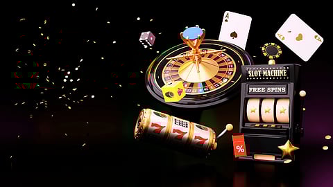 Casino-themed image with a roulette wheel, falling poker cards, dice, slot machine, and scattered golden confetti on a dark background, conveying excitement.