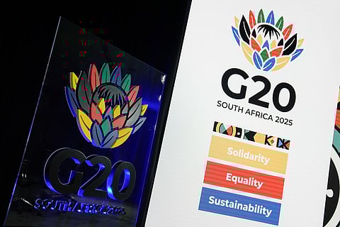 G-20 signage during the International Monetary Fund (IMF) and World Bank Fall meetings at the IMF headquarters in Washington, DC, US, on Thursday, Oct. 16, 2025.