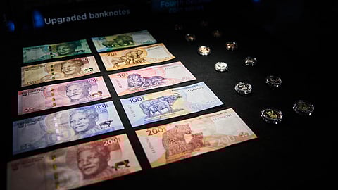 South African banknotes and coins on display