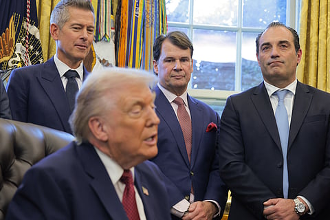 Road rules: President Trump with Secretary of Transportation Sean Duffy, Ford CEO Jim Farley and Stellantis CEO Antonio Filosa.