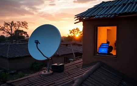 Image: A clearly AI-generated image that presumably illustrates a YahClick satellite dish provided by BrainSAT. One hopes they don’t really just perch electronic equipment outside on the roof. What’s going on with the triple-decker laptop in the window is also a mystery. 