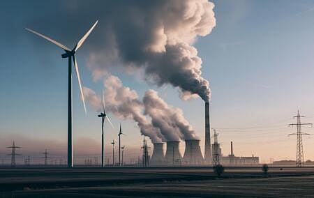 Image: Wind Turbines and Coal Plant in Rural Landscape by wirestock