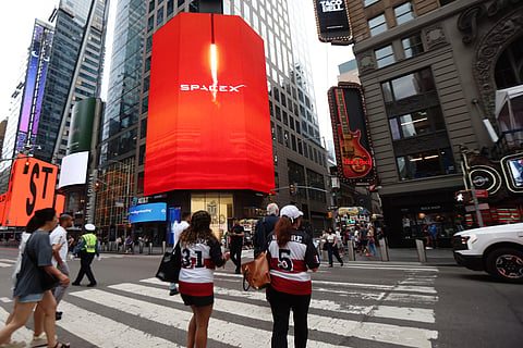 SpaceX signage during the company's IPO at the Nasdaq MarketSite in New York on June 12.