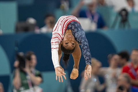 Simone Biles, US gymnast, competes during the Paris 2024 Olympic Games in Paris, France, on Tuesday, July 30, 2024.