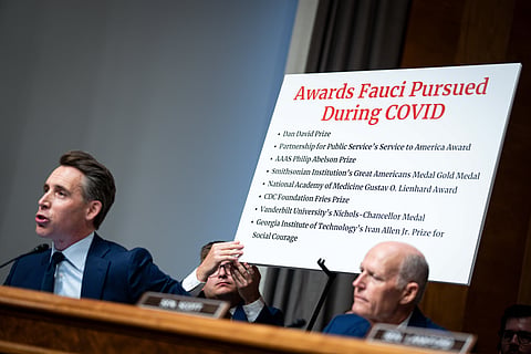 Senator Josh Hawley, a Republican from Missouri, left, and Senator Rick Scott, a Republican from Florida, during a Senate Homeland Security and Governmental Affairs Committee hearing in Washington, DC, US, on Wednesday, July 29, 2026. Anthony Fauci declined to testify in a Senate committee hearing on his role in the US response to Covid-19, invoking his 5th Amendment rights.