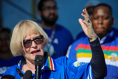JOHANNESBURG, SOUTH AFRICA - AUGUST 19: DA JHB Mayoral Candidate Helen Zille during the flight of the first national DA slogan posters in Orange Grove on August 19, 2026 in Johannesburg, South Africa. The Johannesburg poster launch marks the start of the DA's national street campaign for the local government elections. (Photo by Gallo Images/Fani Mahuntsi)