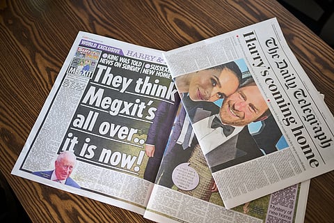 LONDON, ENGLAND - AUGUST 20: In this photo illustration, British Newspapers reports that the Duke and Duchess of Sussex will move to the UK on August 20, 2026 in London, England. It has been reported that Prince Harry, Duke of Sussex and Meghan, Duchess of Sussex will move back to the United Kingdom with their two children at the end of the month. (Photo by Jordan Peck/Getty Images)