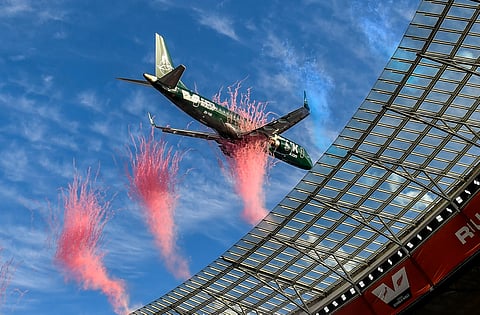 CAPE TOWN, SOUTH AFRICA - AUGUST 29: Airlink Embraer E-Jets flyover during the Castle Double Malt Rugby's Greatest Rivalry, 2nd Test match between South Africa and New Zealand at DHL Stadium on August 29, 2026 in Cape Town, South Africa. (Photo by Ashley Vlotman/Gallo Images)