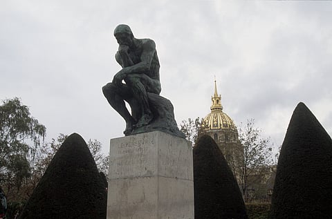 Rodin's celebrated sculpture The Thinker, was the first work by Rodin to be erected in a public place in front of the Pantheon becoming associated with socialism in the unsettled climate of 1906 when it was subsequently removed to the Rodin Museum. | Located in: Musee Auguste Rodin. (Photo by Yves Forestier/Sygma via Getty Images)