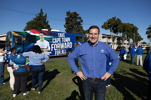 CAPE TOWN, SOUTH AFRICA - AUGUST 31: DA Leader Geordin Hill-Lewis at the unveiling of DA's Cape Town Metro Election Battle Bus in Goodwood on August 31, 2026 in Cape Town, South Africa. The blue-branded campaign bus travels across different communities in the Cape Town metro, bringing the DA's message directly to voters. (Photo by Gallo Images/Misha Jordaan)