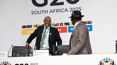 CAPE TOWN, SOUTH AFRICA - FEBRUARY 27: Lesetja Kganyago (Governor of the South African Reserve Bank) and Enoch Godongwana (Minister of Finance) addressing the media at the G20 Finance Ministers And Central Bank Governors Meeting Closing Press Briefing at G20 Media Centre on February 27, 2025 in Cape Town, South Africa. The G20 was originally established as a meeting of Finance Ministers in response to the Asian financial crisis of 1997-99, with the aim of coordinating policies to promote international financial stability. (Photo by Gallo Images/Misha Jordaan)