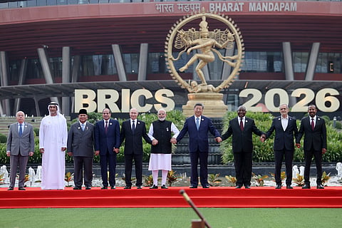NEW DELHI, INDIA - SEPTEMBER 12: (----EDITORIAL USE ONLY - MANDATORY CREDIT - 'IRANIAN PRESIDENCY / HANDOUT' - NO MARKETING NO ADVERTISING CAMPAIGNS - DISTRIBUTED AS A SERVICE TO CLIENTS----) Leaders and representatives of BRICS member states gather for the official family photo during the 18th BRICS Leaders' Summit at Bharat Mandapam in New Delhi, India, on September 12, 2026. Brazilian Minister of Foreign Affairs Mauro Luiz Iecker Vieira, Crown Prince of Abu Dhabi Sheikh Khaled bin Mohamed bin Zayed Al Nahyan, Indonesian President Prabowo Subianto, Egyptian President Abdel Fattah El-Sisi, Russian President Vladimir Putin, Indian Prime Minister Narendra Modi, Chinese President Xi Jinping, South African President Cyril Ramaphosa, Iranian President Masoud Pezeshkian, and Ethiopian Prime Minister Abiy Ahmed (L to R) took part in the event. (Photo by Iranian Presidency / Handout/Anadolu via Getty Images)