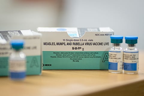 LUBBOCK, TEXAS - MARCH 01: Boxes and vials of the Measles, Mumps, Rubella Virus Vaccine at a vaccine clinic put on by Lubbock Public Health Department on March 1, 2025 in Lubbock, Texas. Cases of Measles are on the rise in West Texas as over 150 confirmed case have been seen with one confirmed death.(Photo by Jan Sonnenmair/Getty Images)