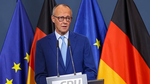 German Chancellor Friedrich Merz gives a statement after first exit polls of the Berlin and Mecklenburg Western Pomerania state elections, at the CDU headquarters in Berlin, Germany, September 20, 2026.