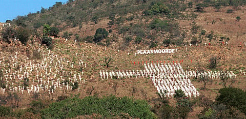 POLOKWANE, SOUTH AFRICA - 8 July 2004: A thousand white crosses planted on a hill in the shape of a giant cross as a memorial for all the people affected by farm murders and attacks. (Photo by Gallo Images/Rapport/Doug Lee)