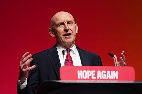 LIVERPOOL, ENGLAND - SEPTEMBER 28: Chancellor of the Exchequer John Healey speaks during day two of the Labour Party Conference at Liverpool Experience Campus on September 28, 2026 in Liverpool, England. Labour enters its annual party conference with a polling boost holding a four-point lead with 27% of the vote under new Prime Minister Andy Burnham. He took over the leadership in July this year and has since driven a turnaround in the party's fortunes. (Photo by Ian Forsyth/Getty Images)