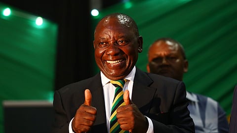 EAST LONDON, SOUTH AFRICA – JANUARY 08: African National Congress (ANC) President Cyril Ramaphosa gestures during the party’s 106th birthday celebrations at the City Hall on January 08, 2018 in East London, South Africa. The party’s new elected president said the ANC is back with a bang and we will be dealing with those stealing public money. He also preached unity. (Photo by Gallo Images / Sowetan / Masi Losi)