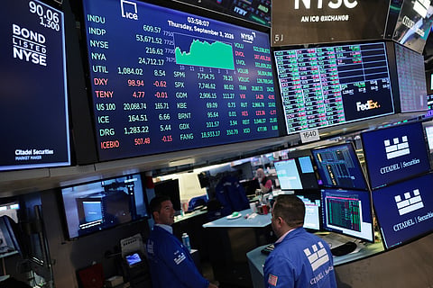 NEW YORK, NEW YORK - SEPTEMBER 03: Traders work on the floor of the New York Stock Exchange during afternoon trading on September 03, 2026 in New York City. The Dow jumped more than 600 points and closed high on hopes of the Federal Reserve leaving interest rates unchanged this month. (Photo by Michael M. Santiago/Getty Images)