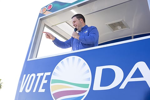 CAPE TOWN, SOUTH AFRICA - AUGUST 31: DA Leader Geordin Hill-Lewis at the unveiling of DA's Cape Town Metro Election Battle Bus in Goodwood on August 31, 2026 in Cape Town, South Africa. The blue-branded campaign bus travels across different communities in the Cape Town metro, bringing the DA's message directly to voters. (Photo by Gallo Images/Misha Jordaan)