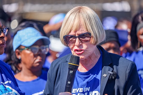 JOHANNESBURG, SOUTH AFRICA - AUGUST 26: Helen Zille speaks at the unveiling of a new Johannesburg campaign billboard on August 26, 2026 in Johannesburg, South Africa. The 2026 South African municipal elections will be held on 4 November 2026 across South Africa, to elect councils for all district, metropolitan and local municipalities in each of the country's nine provinces. (Photo by Gallo Images/OJ Koloti)