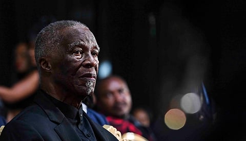 BLOEMFONTEIN, SOUTH AFRICA – MARCH 14: Former President Thabo Mbeki attend the official funeral service of struggle veteran and COPE founder, Mosiuoa Gerard Patrick ‘Terror’ Lekota at the Old Grey Sports Club on March 14, 2026 in Bloemfontein, South Africa. Lekota, a veteran of the liberation struggle and inaugural Chairperson of the National Council of Provinces, passed away on March 4th at the age of 77. (Photo by Gallo Images/Volksblad/Mlungisi Louw)