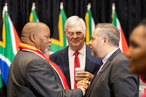 CAPE TOWN, SOUTH AFRICA - JULY 03: Gwede Mantashe, Pieter Groenewald and Leon Schreiber during the swearing-in ceremony of the new national executive members at Cape Town International Convention Centre on July 03, 2024 in Cape Town, South Africa. The new National Executive constitutes the 7th Democratic Administration as a Government of National Unity comprising a diversity of political parties as an outcome of the national and provincial elections held on Wednesday, 29 May 2024. (Photo by Gallo Images/Misha Jordaan)