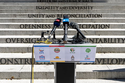CAPE TOWN, SOUTH AFRICA – OCTOBER 19: Names of members of the multi-party-charter on October 19, 2023 in Cape Town, South Africa. The multi-party coalition consist of the African Democratic Christian Party (ADCP), Democratic Alliance (DA), Inkatha Freedom Party (IFP), Freedom Front Plus (FF+), ActionSA, United Independent Movement (UIM), Independent SA National Civic Organisation (Isanco) and the Spectrum National Party (SNP). (Photo by Gallo Images/Die Burger/Jaco Marais)
