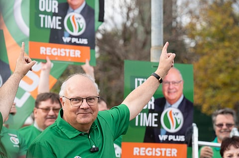 CENTURION, SOUTH AFRICA – MAY 21: VF Plus Leader Dr. Corne Mulder unveils the party’s first billboard for the year’s election campaign along the N1 Highway on May 21, 2026 in Centurion, South Africa. The 2026 South African municipal elections will be held on 4 November 2026 across South Africa, to elect councils for all district, metropolitan and local municipalities in each of the country's nine provinces. (Photo by Gallo Images/Beeld/Deaan Vivier)