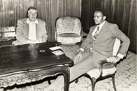 SOUTH AFRICA - 1 December 1976: Steve Biko with United States Sen Dick Clarke, chairman of the Senate subcommittee on Africa, who flew from Lesotho to East London to meet Mr. Biko. (Photo by Gallo Images/Daily Dispatch).
