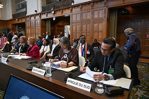 THE HAGUE, NETHERLANDS APRIL 29: Representatives of South Africa attend a public hearing at the International Court of Justice (ICJ) in The Hague, Netherlands on April 29, 2025. The ICJ is hearing arguments from 45 countries regarding Israel's alleged obstruction of humanitarian aid deliveries to Gaza, amid ongoing conflict and worsening humanitarian conditions in the enclave. (Photo by Mouneb Taim/Anadolu via Getty Images)