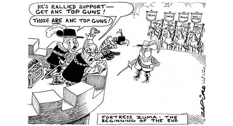 Fortress Zuma coming under attack by forces led by Finance Minister Pravin Gordhan. More Zapiro magic available at www.zapiro.com