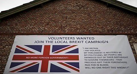 A banner encouraging people to support a local Brexit campaign hangs on the side of a building in Altrincham, Britain May 3, 2016. REUTERS/Phil Noble