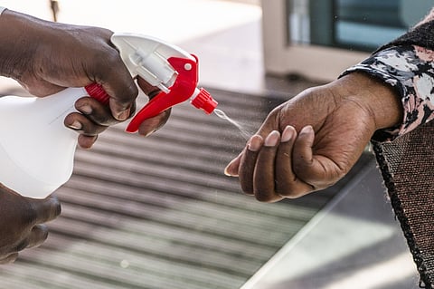 A worker sprays sanitizer into the hands of a shopper at the entrance to a Pick n Pay Stores Ltd. supermarket in Johannesburg, South Africa, on Monday, May 11, 2020. South Africas government expects the coronavirus to pose a threat to public health for at least a year and is intensifying measures to slow its spread as experts warn of a second wave of infections with public life resuming, President Cyril Ramaphosa said. Photographer: Waldo Swiegers/Bloomberg