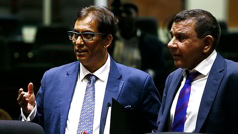 Chairperson of media group Independent Media and the head of Sekunjalo, Iqbal Survé, with his legal representative, Advocate Nazeer Cassim, before giving evidence during the Judicial Commission of Inquiry into the Public Investment Corporation on Tuesday,  2 April 2019.  (Photo by Gallo Images / Phill Magakoe)