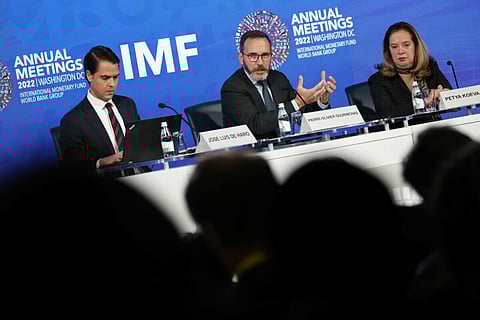 Pierre-Olivier Gourinchas, economic counselor and director of the research department at the International Monetary Fund (IMF), center, speaks during a World Economic Outlook news conference during the annual meetings of the IMF and World Bank Group in Washington, DC, US, on Tuesday, Oct. 11, 2022. The IMF warned of a worsening outlook for the global economy, highlighting that efforts to manage the highest inflation in decades may add to the damage from the war in Ukraine and China's slowdown. Photographer: Ting Shen/Bloomberg
