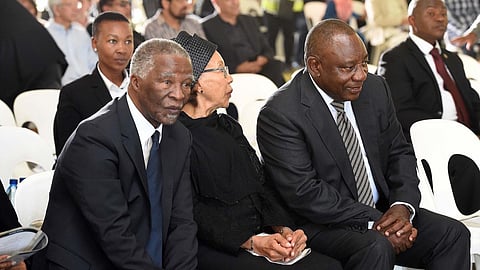 File Photo: Thabo Mbeki, Deputy President Cyril Ramaphosa and his wife Tshepo Motsepe at the funeral service of anti-apartheid activist Ahmed Kathrada.
