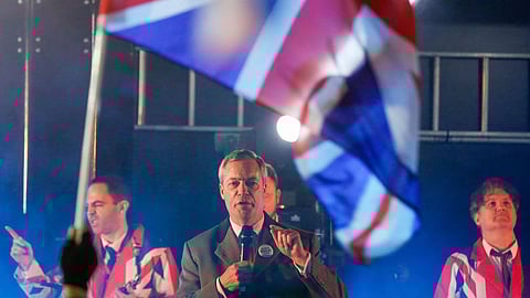 Nigel Farage, leader of the Brexit Party, delivers a speech during the Leave Means Leave celebration at Parliament Square in London, U.K., on Friday, Jan. 31, 2020. After more than three years of bickering and political gridlock the U.K. is scheduled to leave the European Union, ushering in what U.K. Prime Minister Boris Johnson's government is calling a new era of sweeping free-trade deals and investment. Photographer: Luke MacGregor/Bloomberg