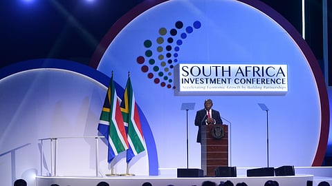 Cyril Ramaphosa, South Africa's president, speaks during the South Africa Investment Conference in Johannesburg, South Africa, on Thursday, April 13, 2023. Today's conference starts as data this week showed that the South African economy has probably entered a technical recession.