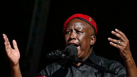 BLOEMFONTEIN, SOUTH AFRICA ? JULY 30: Economic Freedom Fighters (EFF) Leader Julius Malema addresses the crowd at Dr Petrus Molemela Stadium on July 30, 2022 in Bloemfontein, South Africa. It is reported that party members and supporters gathered to celebrate the party?s 9th birthday anniversary. (Photo by Gallo Images/Volksblad/Mlungisi Louw)
