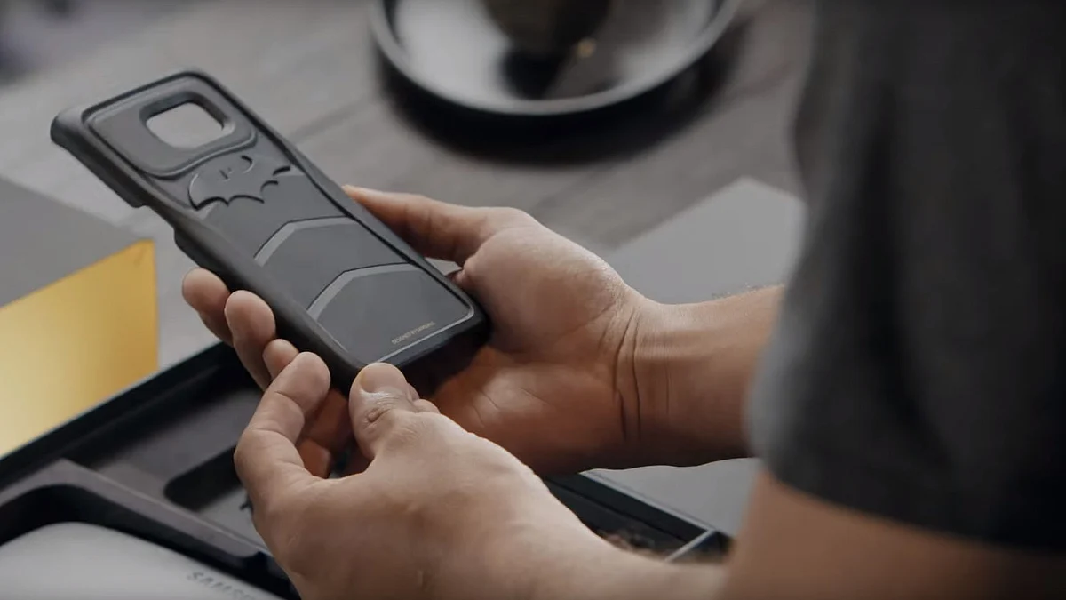 The rubber phone case with Batman armour. (Photo Courtesy: YouTube Screen grab)