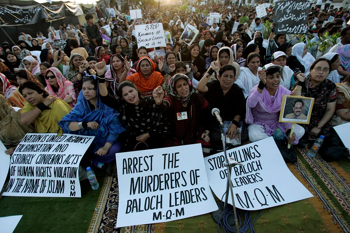 Baloch women supporters of the Muttahida Qaumi Movement (MQM) gather in Karachi to protest the killing of political activists in Balochistan. (Photo: Reuters)