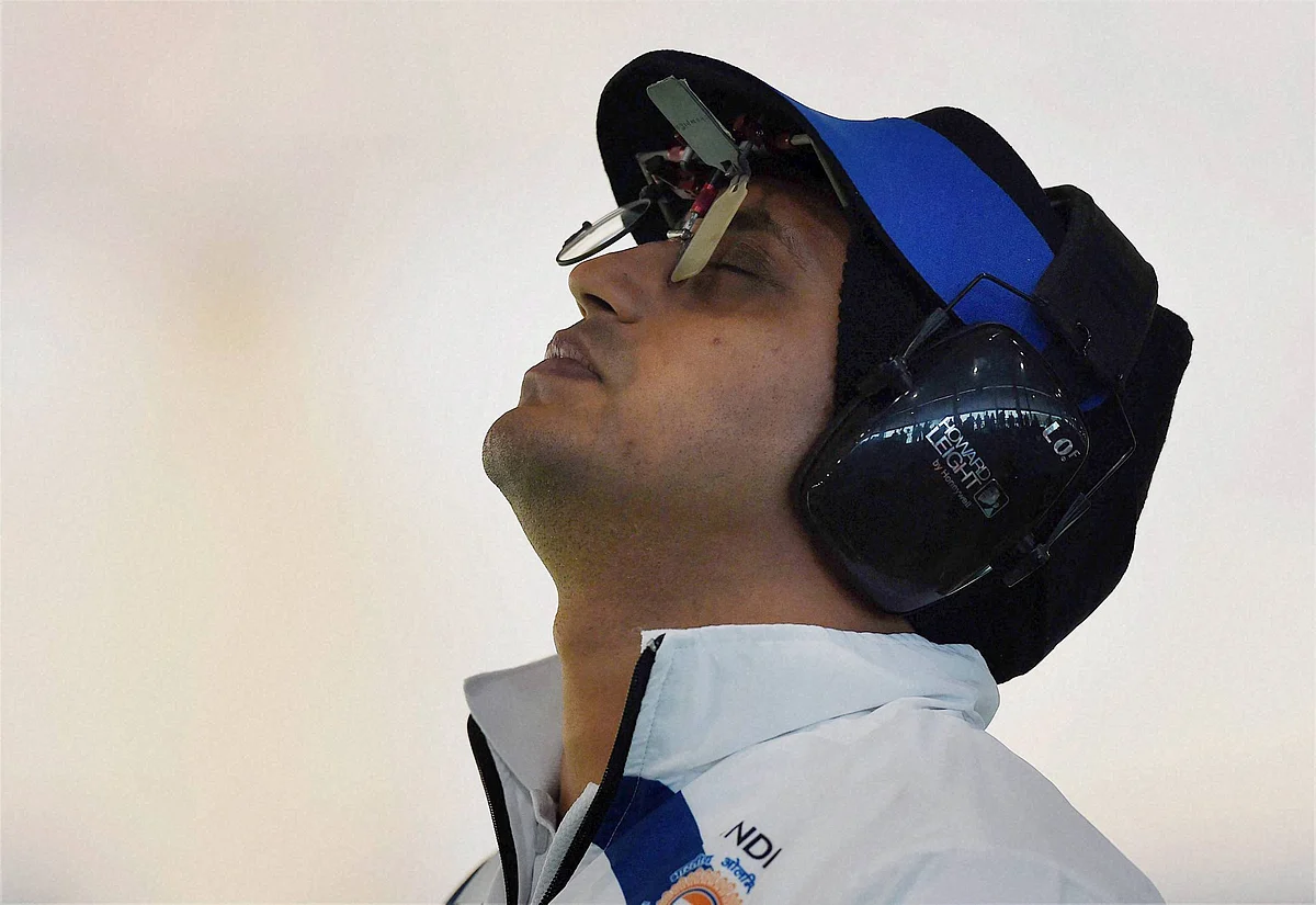 India’s Prakash Nanjappa reacts during the Mens 50m Pistol qualifying round (Photographer: Atul Yadav/ PTI)