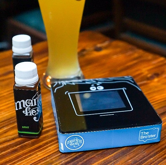 The talking Bro’ster with an LCD screen, by Morning Fresh and bottles of their in-house hangover cure. (Source: Morning Fresh) 