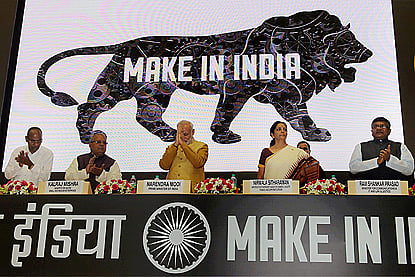 <div class="paragraphs"><p>Prime Minister Narendra Modi flanked by Union ministers during the launch of ‘Make in India Mission’,&nbsp;in New Delhi. (Photograph: PIB)</p></div>